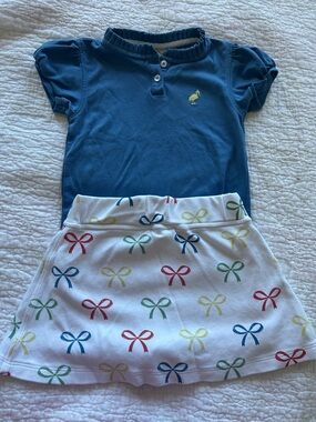 Beaufort Bonnet Company SearcySkirt with Blue and Green Bow Print. Blue Polo